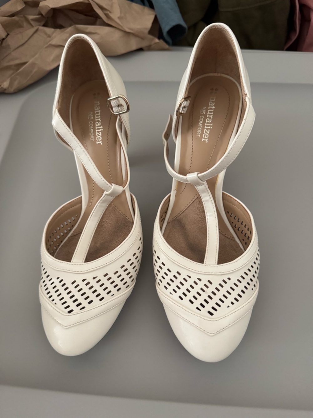 Naturalizer Cream T-Strap Perforated Leather Heels